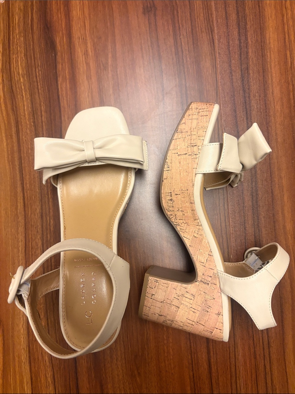 LC Lauren Conrad Cream Bow Cork Block Heel Sandals